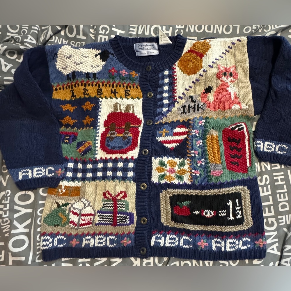Vintage Teacher-core Patchwork Cable-Knit Button-Down Cardigan Sweater